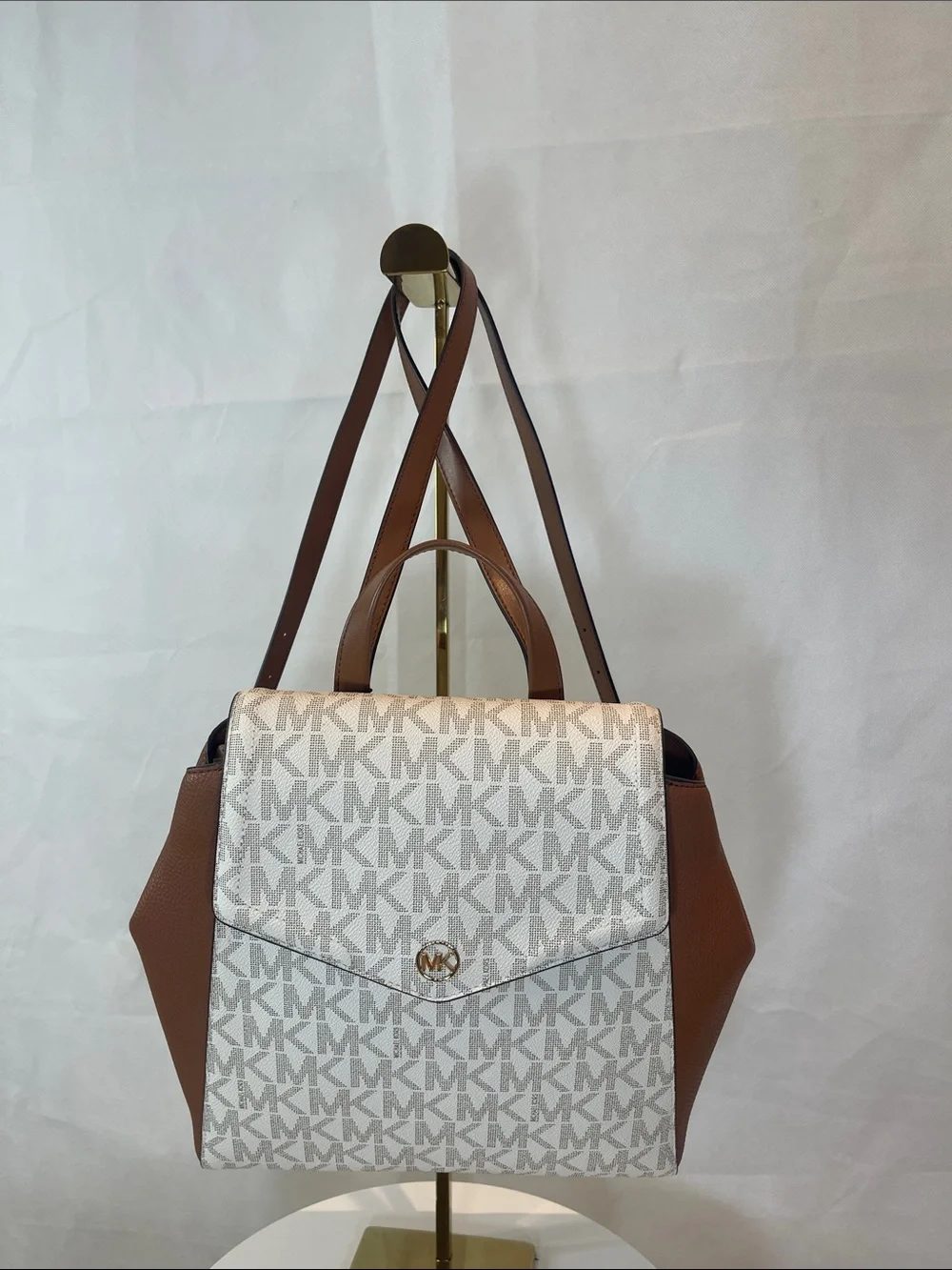 Michael Kors White & Brown MK Signature Satchel